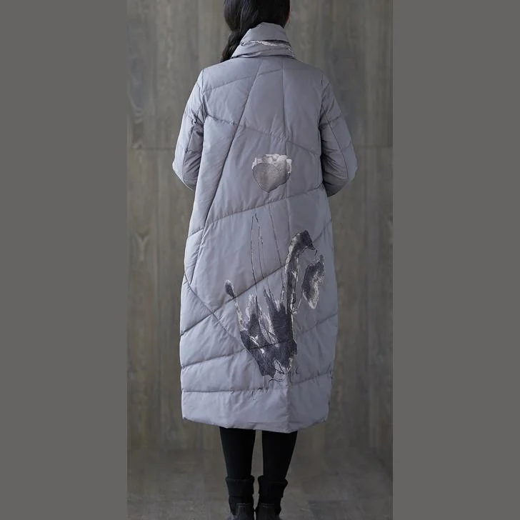 New gray print winter down coat oversized tassel New pockets down coat