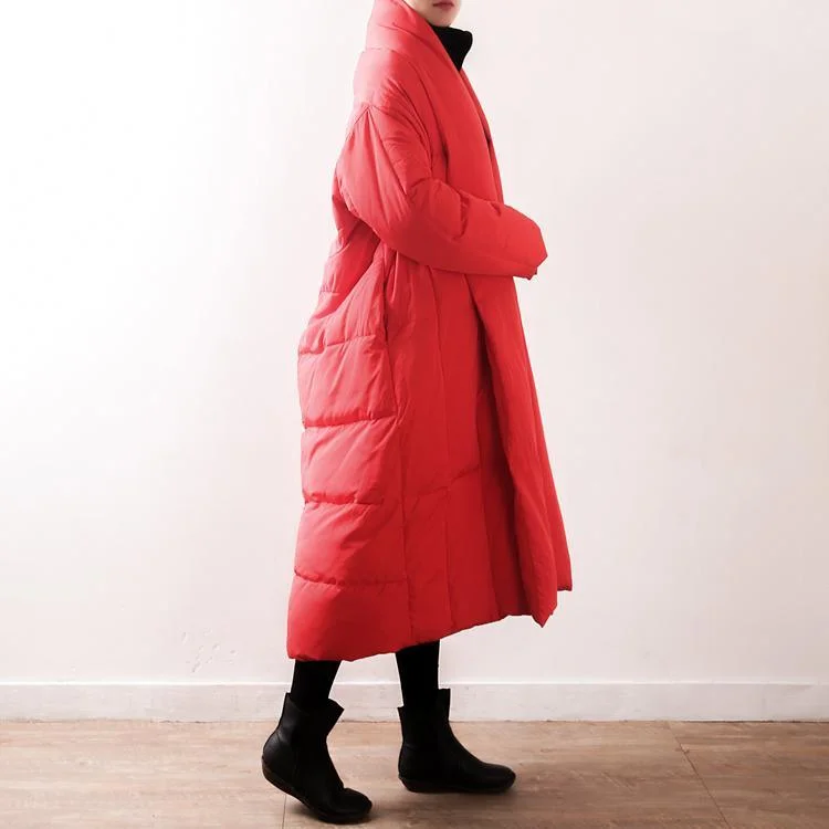 New red down coat oversized V neck thick quilted coat tie waist pockets coats