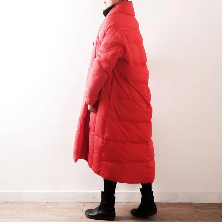 New red down coat oversized V neck thick quilted coat tie waist pockets coats