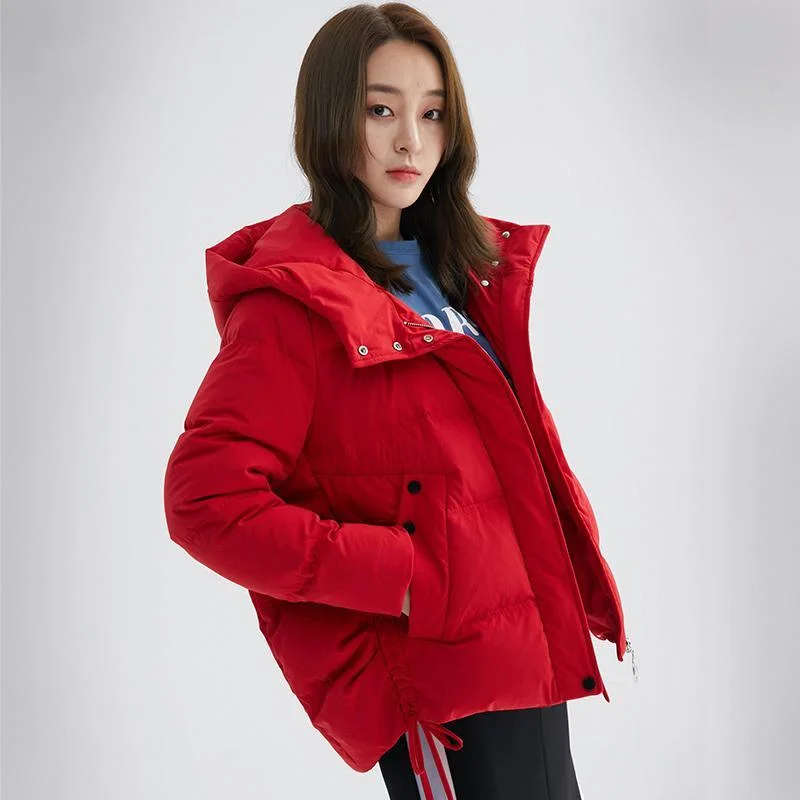 New red goose Down coat Loose fitting side tie snow jackets hooded winter outwear