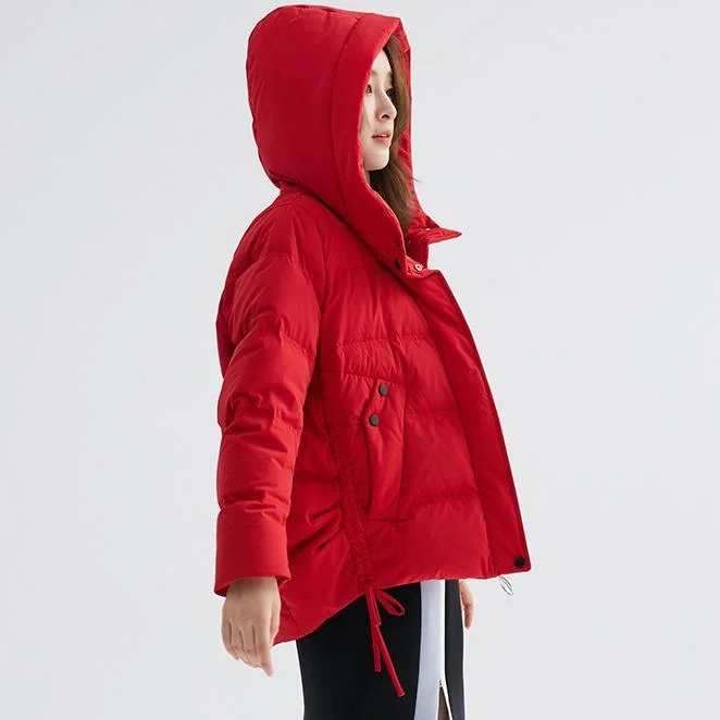 New red goose Down coat Loose fitting side tie snow jackets hooded winter outwear