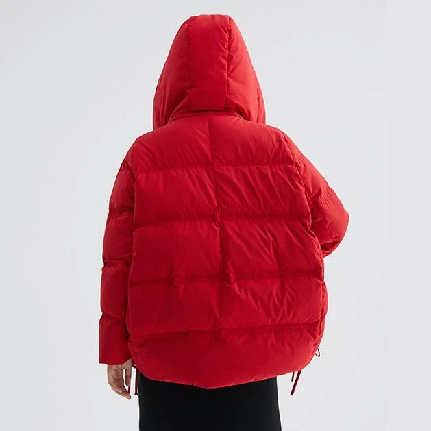 New red goose Down coat Loose fitting side tie snow jackets hooded winter outwear