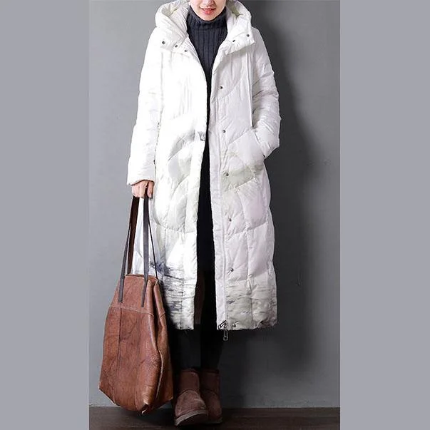 New white print down coat winter plus size clothing hooded women parka zippered down overcoat