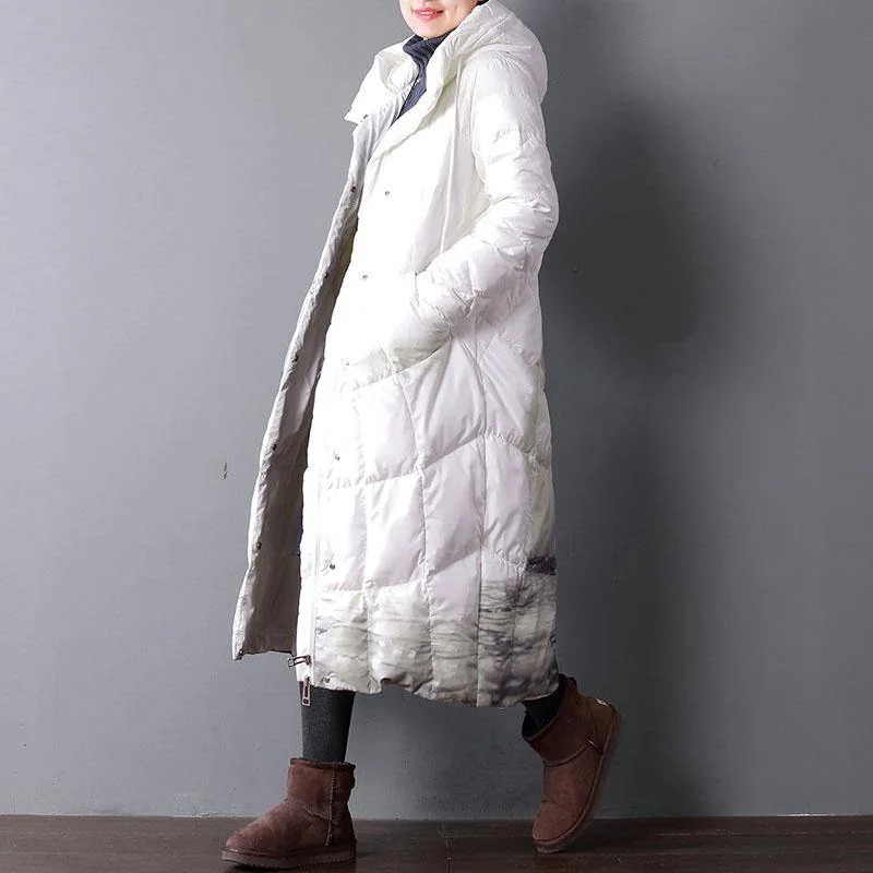 New white print down coat winter plus size clothing hooded women parka zippered down overcoat