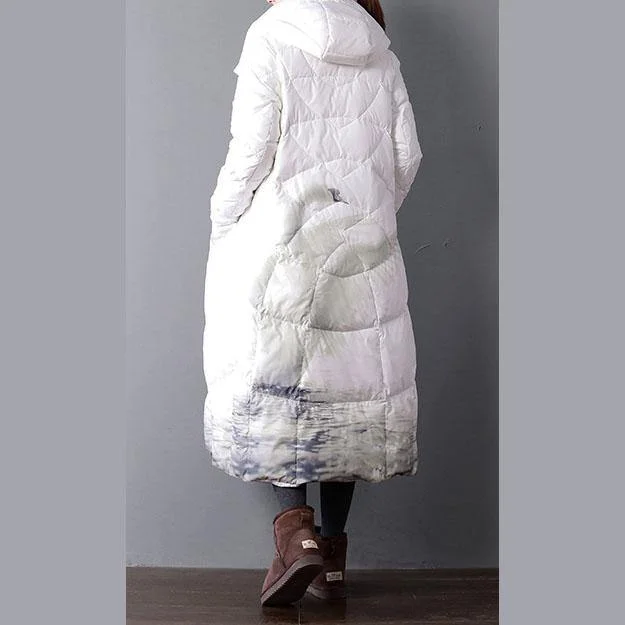 New white print down coat winter plus size clothing hooded women parka zippered down overcoat