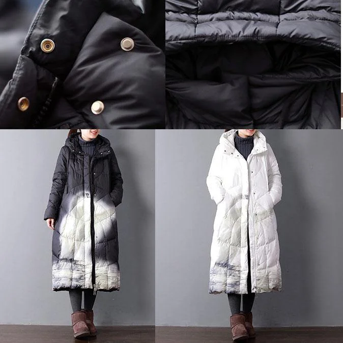 New white print down coat winter plus size clothing hooded women parka zippered down overcoat