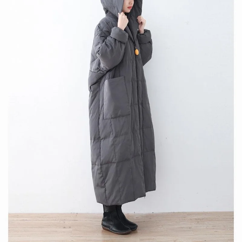 thick gray down coat plus size hooded pockets down jacket zippered baggy long coats