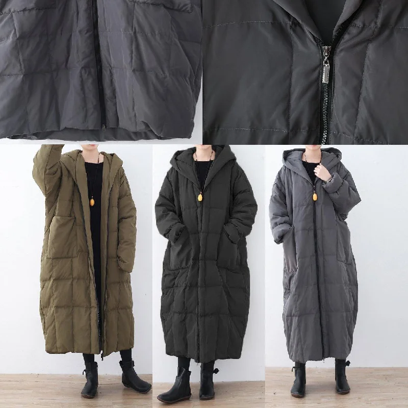 thick gray down coat plus size hooded pockets down jacket zippered baggy long coats