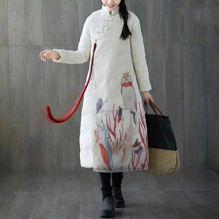 thick white print down coat plus size stand collar patchwork Casual Chinese Button down coat