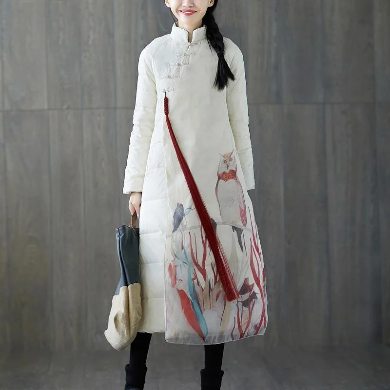 thick white print down coat plus size stand collar patchwork Casual Chinese Button down coat