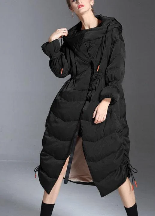 Trendy Black hooded drawstring slim fit Winter Duck Down down coat