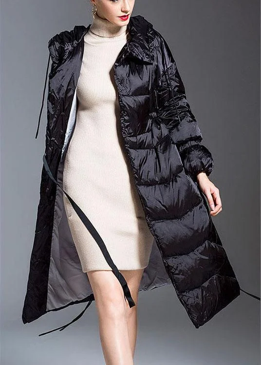 Trendy Black hooded drawstring slim fit Winter Duck Down down coat