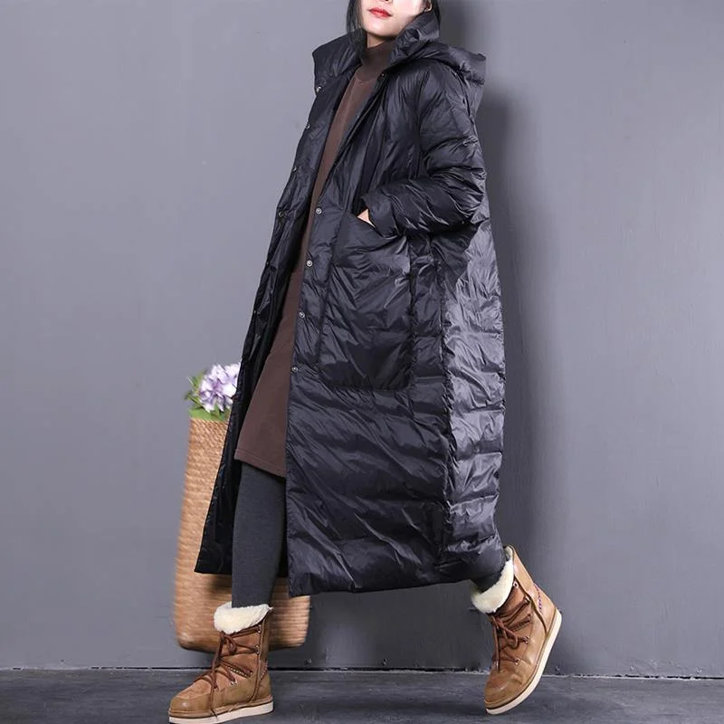 Warm black down coat plus size clothing hooded down coat Casual Large pockets down coat