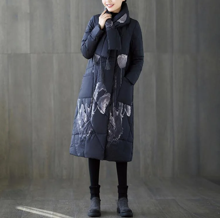 Warm black print down coat oversized tassel quilted coat pockets down coat