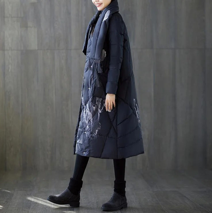 Warm black print down coat oversized tassel quilted coat pockets down coat