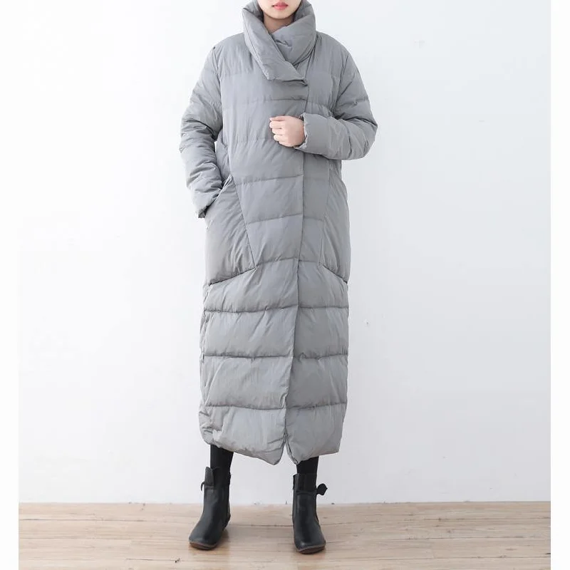 Warm light gray down overcoat oversize stand collar down jacket Casual pockets coats