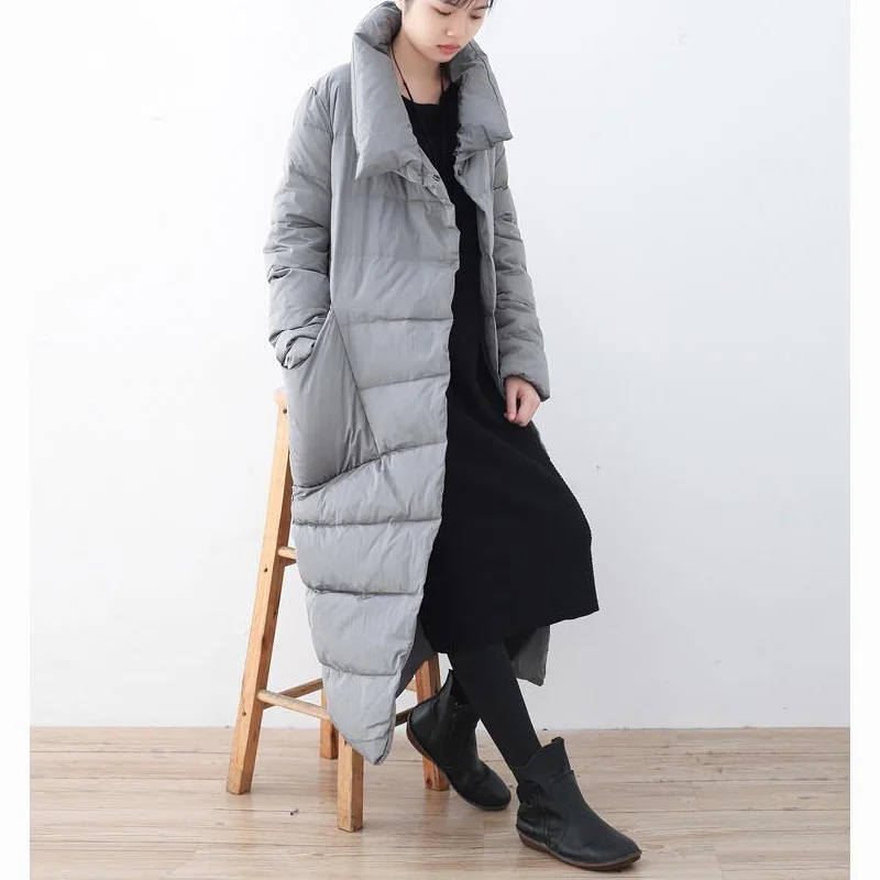 Warm light gray down overcoat oversize stand collar down jacket Casual pockets coats