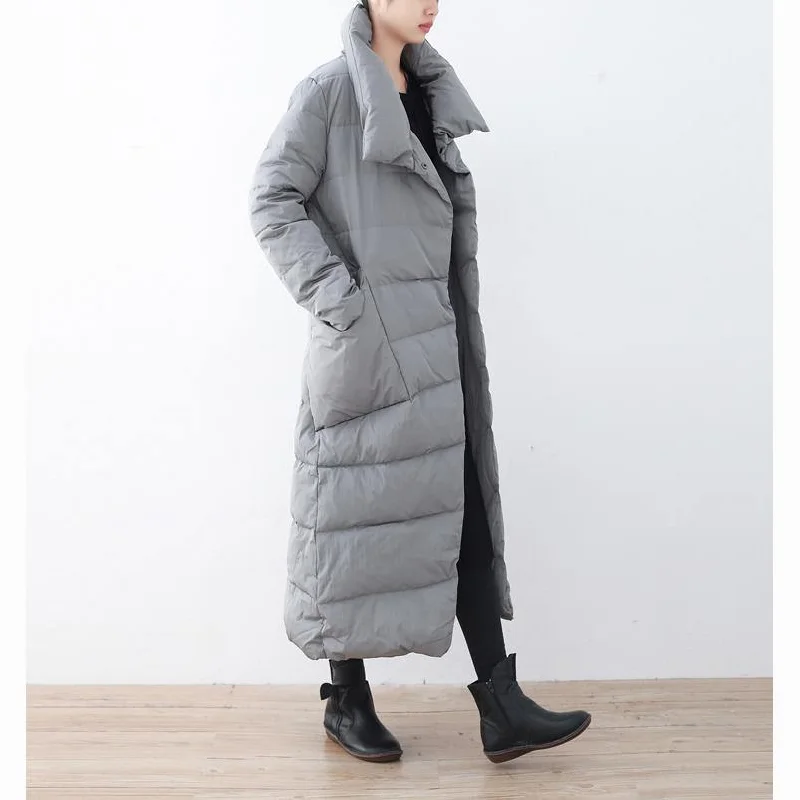 Warm light gray down overcoat oversize stand collar down jacket Casual pockets coats