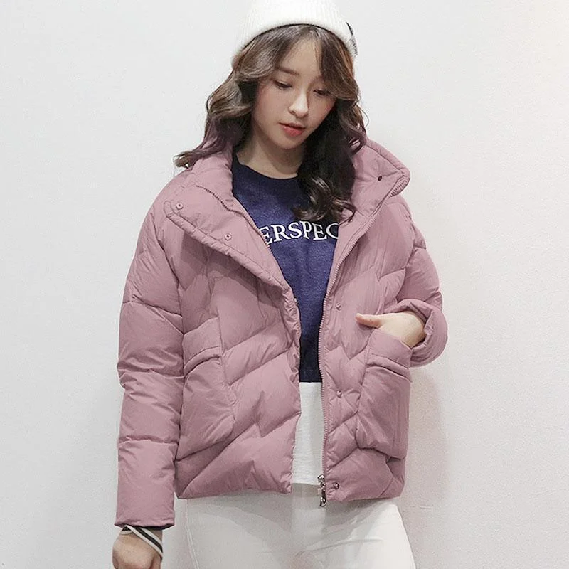 Warm pink down jacket woman plus size stand collar winter jacket zippered winter outwear