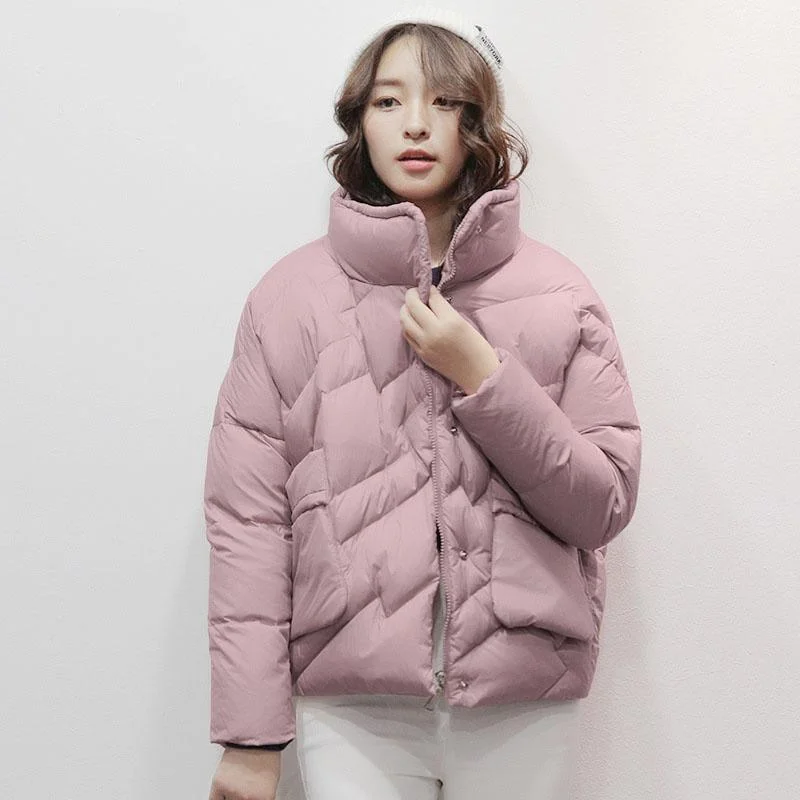 Warm pink down jacket woman plus size stand collar winter jacket zippered winter outwear