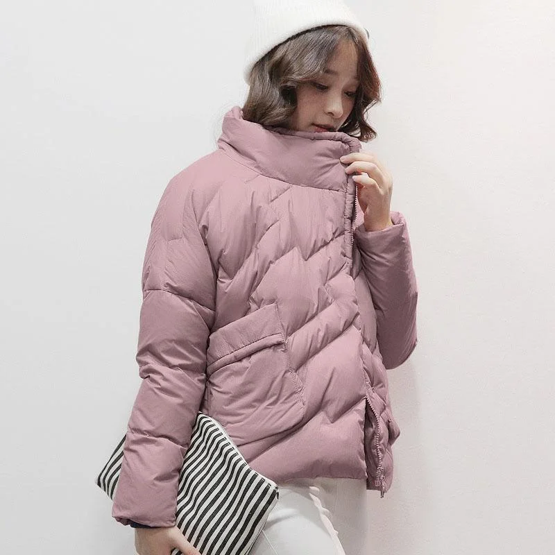 Warm pink down jacket woman plus size stand collar winter jacket zippered winter outwear