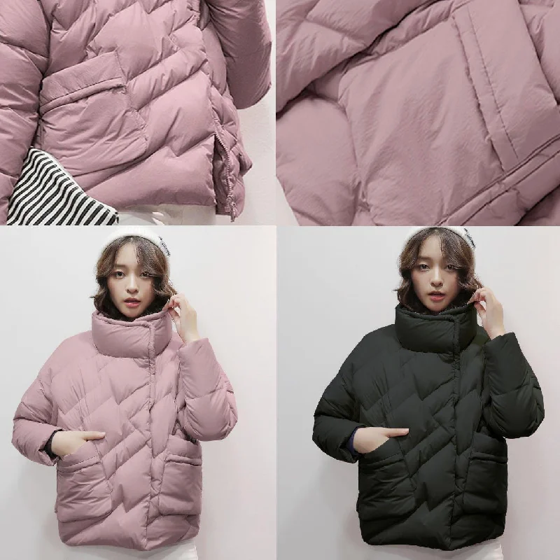 Warm pink down jacket woman plus size stand collar winter jacket zippered winter outwear