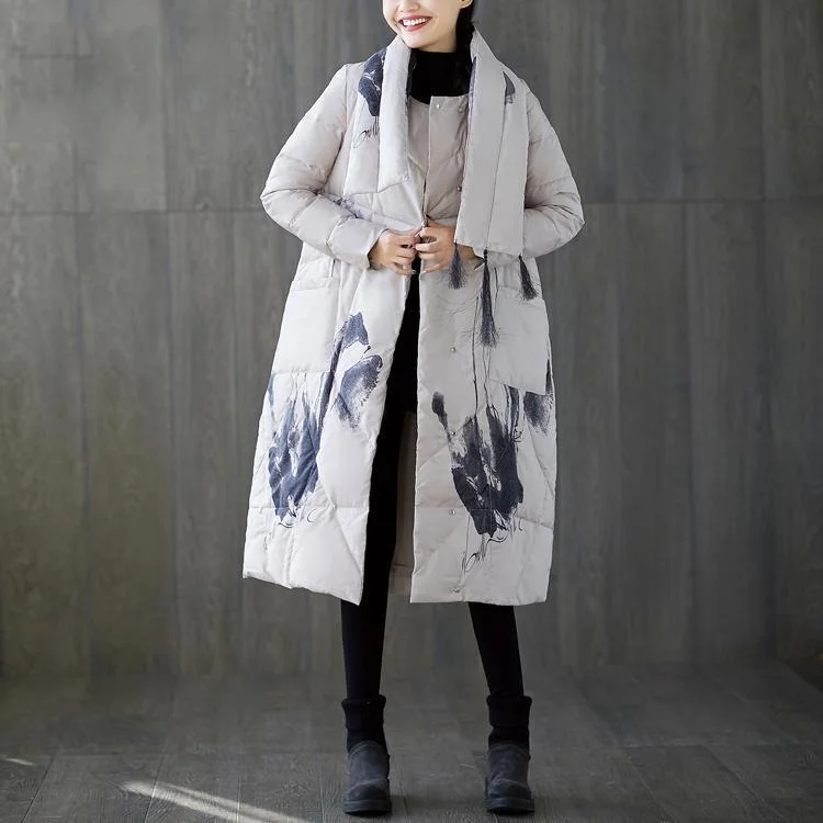 White Print Down Coat Trendy Plus Size Tassel Down Jacket