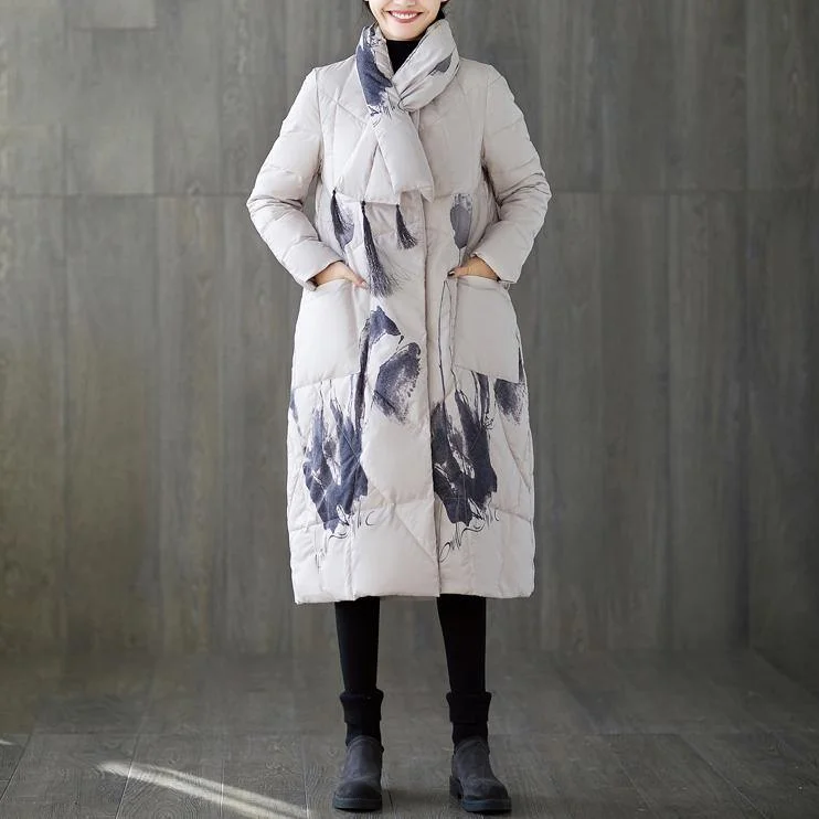 White Print Down Coat Trendy Plus Size Tassel Down Jacket