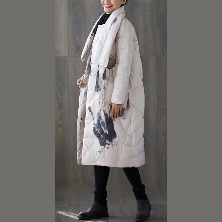 White Print Down Coat Trendy Plus Size Tassel Down Jacket