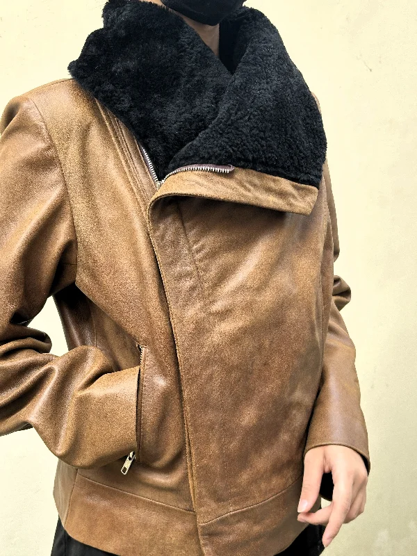 Wide Collar Real Sheep Fur Leather Jacket Women Winter Jacket