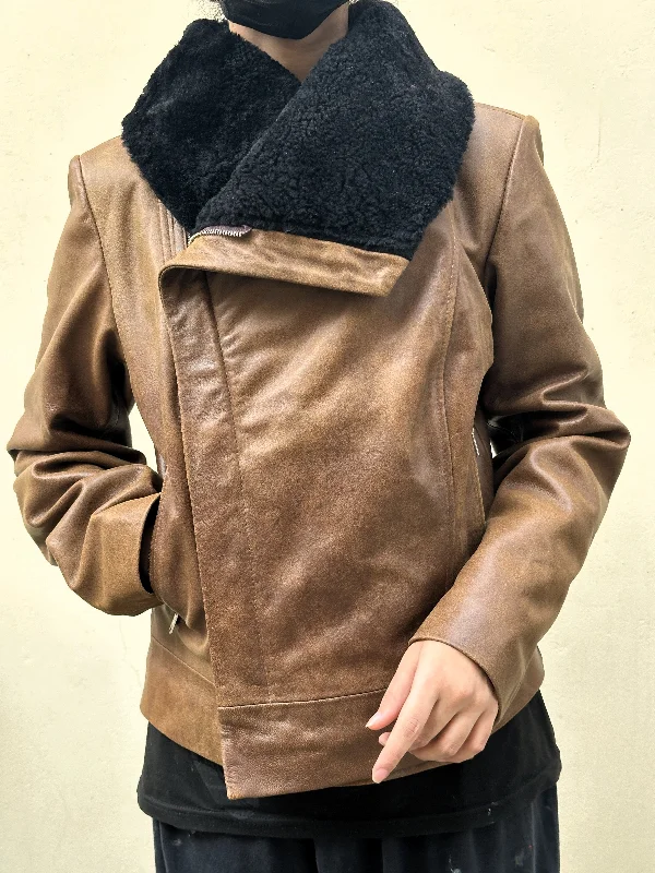 Wide Collar Real Sheep Fur Leather Jacket Women Winter Jacket