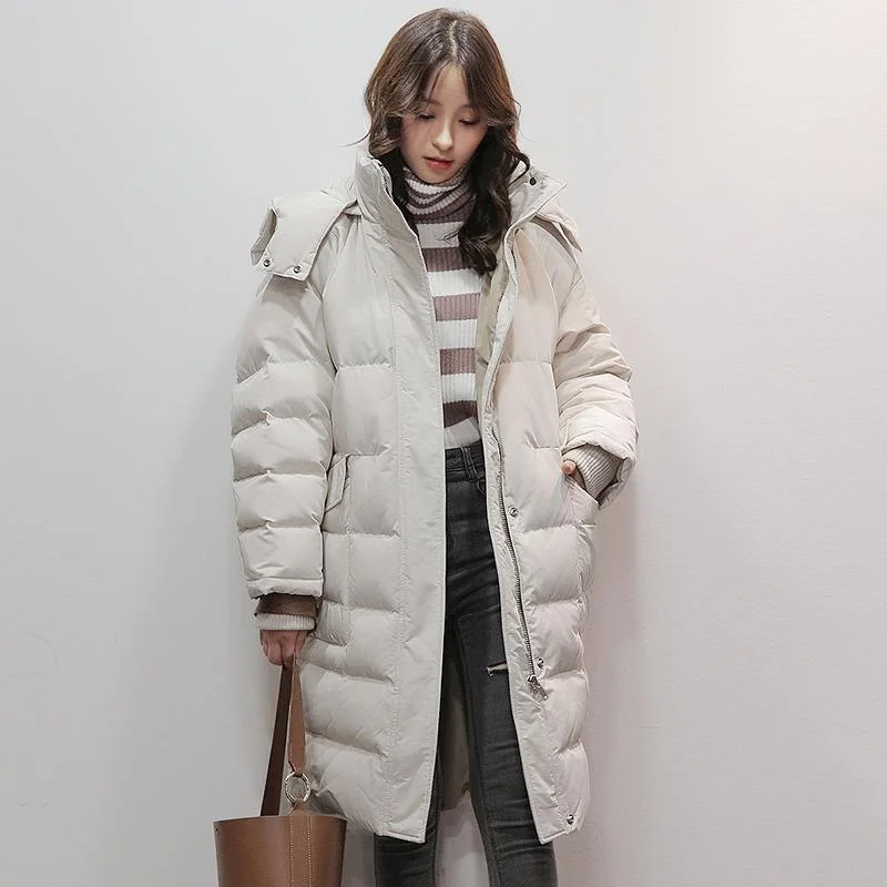 women beige white goose Down coat casual big pockets snow jackets warm coats