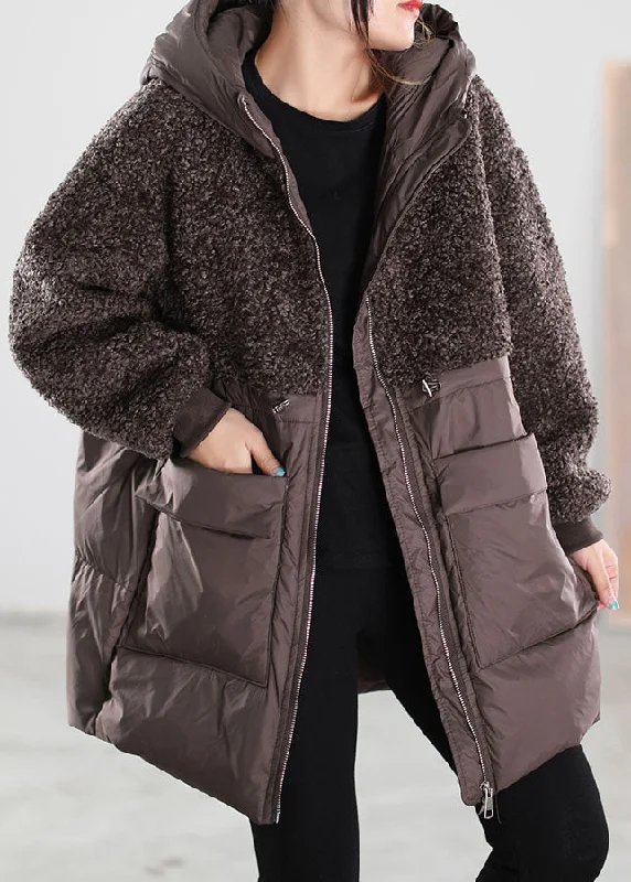 Women Beige Zip Up Patchwork Faux Fur down coat Winter