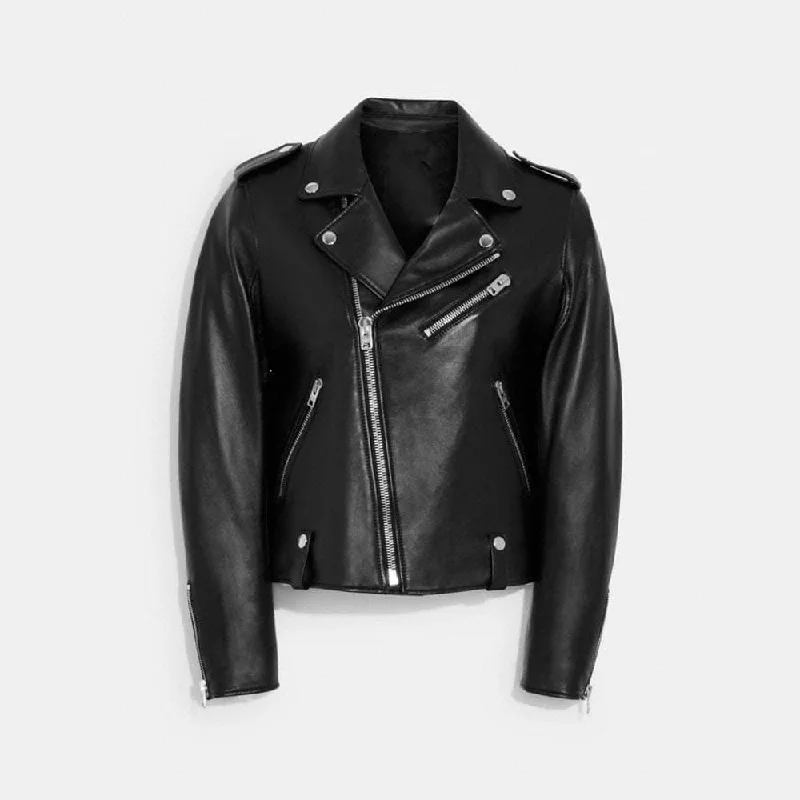 Women Black Biker sheepskin leather Jacket