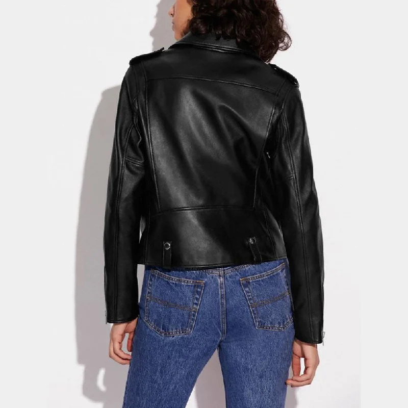 Women Black Biker sheepskin leather Jacket