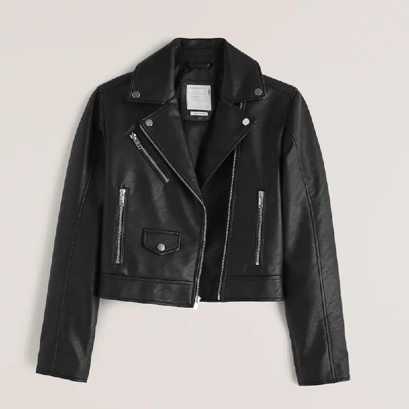 Women black cowhide Biker Leather Jacket