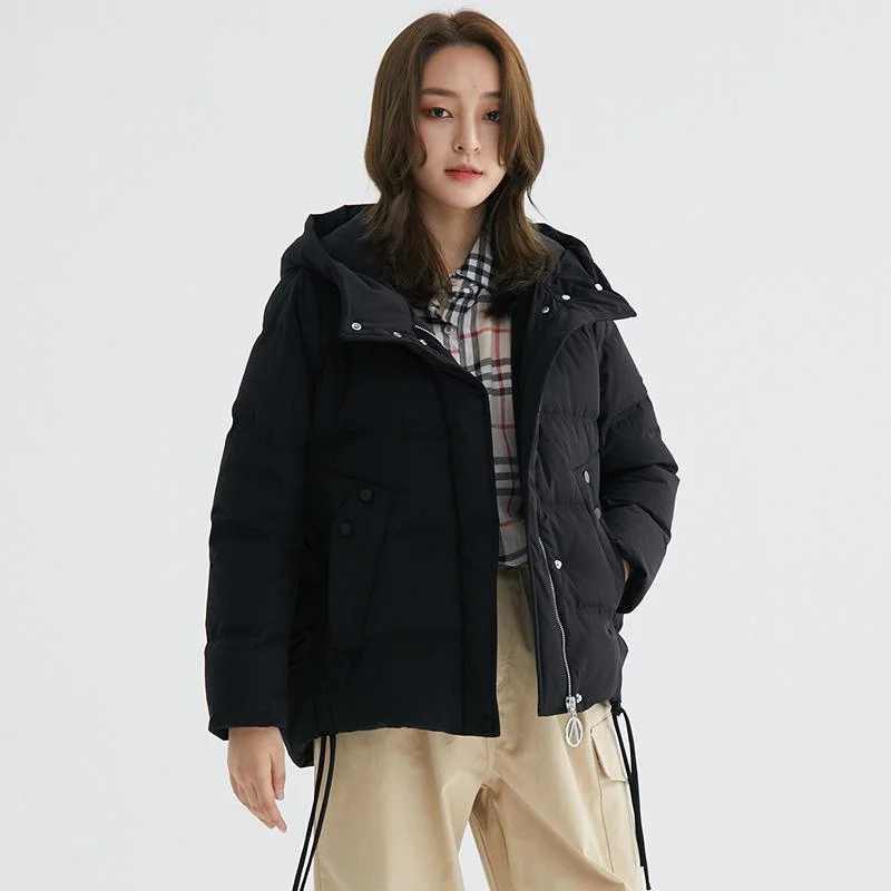 women black down jacket woman oversize tie side womens parka hooded overcoat