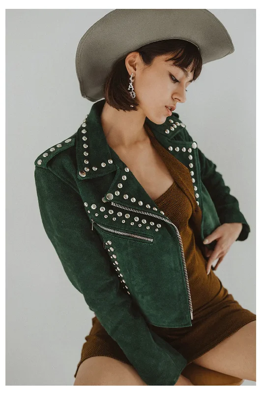 Women Green Style Silver Studded spiked Motorcycle Leather Jacket