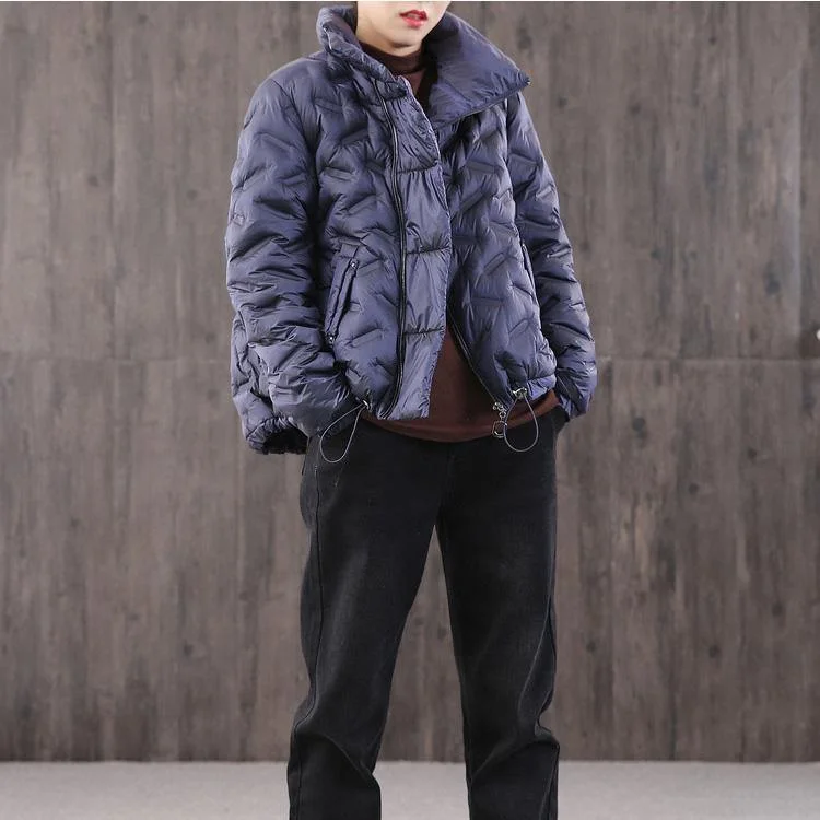 Women Navy Goose Down Coat Casual High Neck Zippered Down Jacket