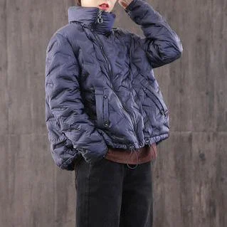 Women Navy Goose Down Coat Casual High Neck Zippered Down Jacket