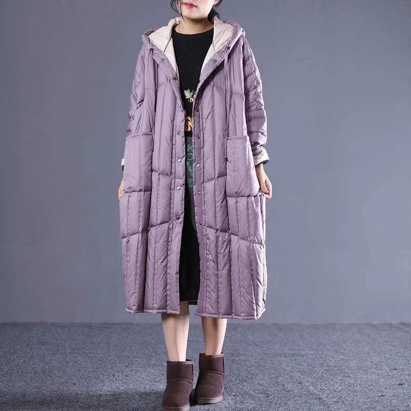 women purple down overcoat plus size clothing hooded drawstring down jacket Luxury pockets long down coats