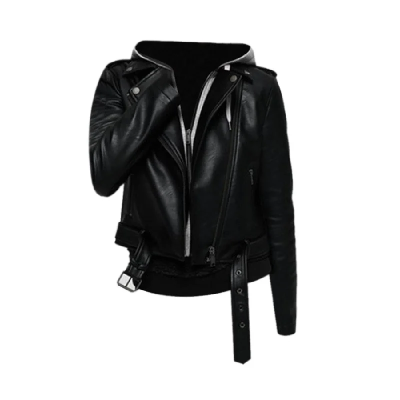 Women's Black Biker Hooded Leather Jacket