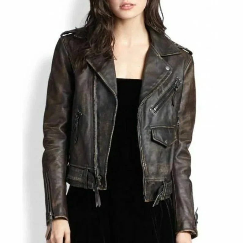 Women's Black Distressed Leather Biker Jacket