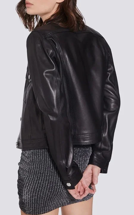 Women's Black Genuine Lambskin Leather Trucker Jacket