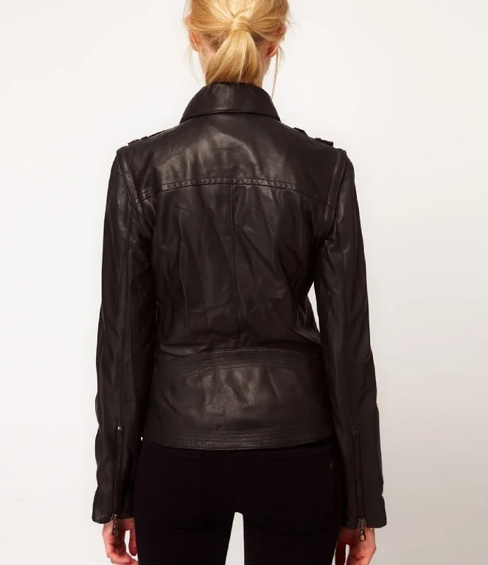 Women's Genuine Leather Motorcycle Jacket Black WJ010