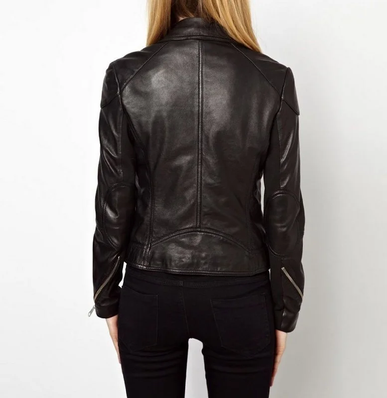 Women's Genuine Leather Motorcycle Jacket Black WJ012