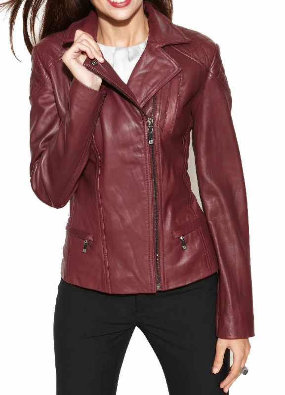 Women's Genuine Leather Motorcycle Jacket Burgundy WJ013