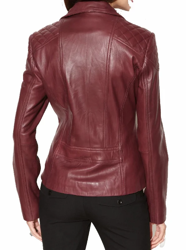 Women's Genuine Leather Motorcycle Jacket Burgundy WJ013