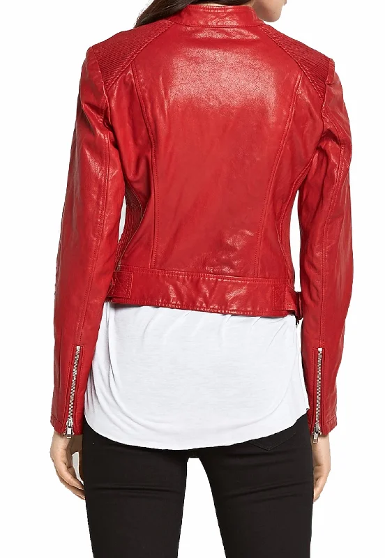 Women's Genuine Leather Motorcycle Jacket Red WJ014