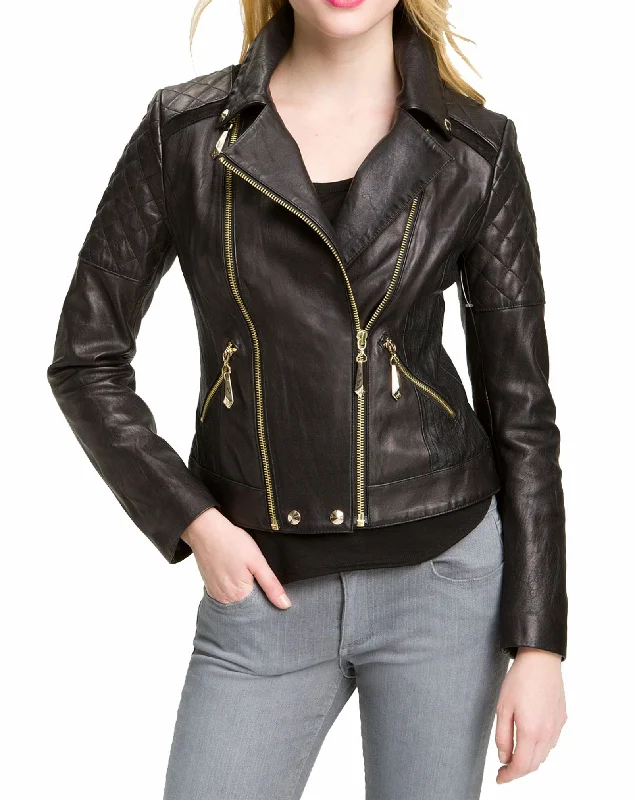 Women's Genuine Leather Motorcycle Jacket Black WJ018